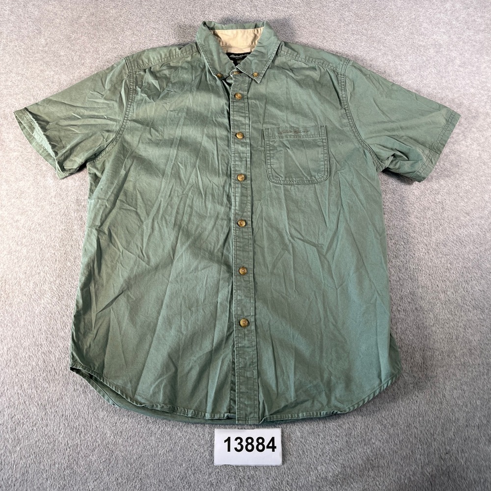 Eddie Bauer Shirt Mens Medium Olive Green Cotton Short Sleeve Hiking Button Down